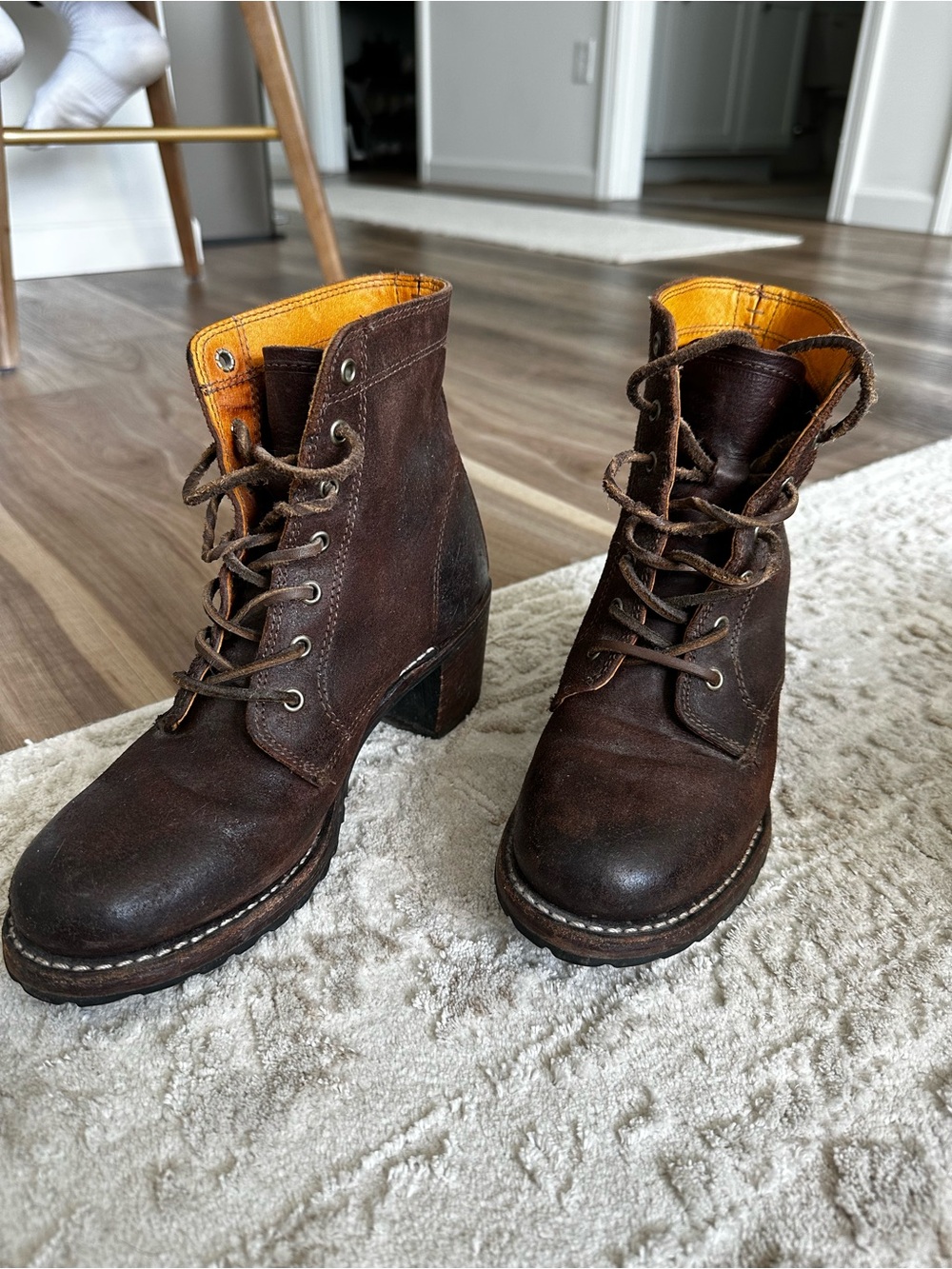 Frye Brown Leather Lace-Up Heeled Boots with Orange Lining
